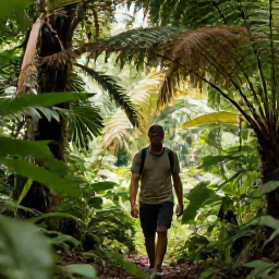 Caribbean Holidays, Dominica in May, Traveller walking through lush Dominica rainforest in May, with a knowledgeable local guide, ferns, palms and soft filtered sunlight