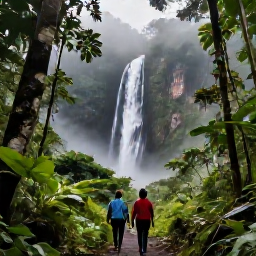 Caribbean Holidays, Dominica in May, Visitors walking through a misty tropical rainforest towards a waterfall in Dominica during May