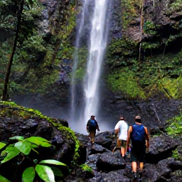 Caribbean Holidays, Dominica in November, Hikers walking through Dominica rainforest towards a dramatic waterfall, with wet volcanic rocks and dense green plants