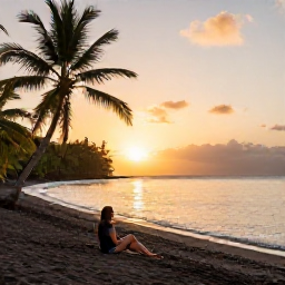 Caribbean Holidays, Dominica in November, Traveller relaxing beside a quiet Dominica beach at sunset in November, with volcanic sand, palm trees and calm Caribbean water