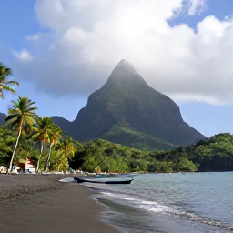Caribbean Holidays, Dominica in October, A calm black sand beach on Dominica with palm trees, dramatic green hills and a small fishing boat under a bright break in the October clouds