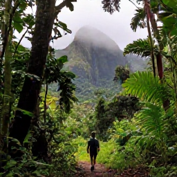 Caribbean Holidays, Dominica in October, A lone traveller walking through lush rainforest on Dominica in October, with misty mountains and tropical greenery