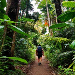 Caribbean Holidays, Dominica in October, A lush Dominica rainforest trail in October, with emerald foliage, soft sunlight and a hiker walking beneath tall tropical trees