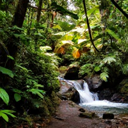 Caribbean Holidays, Dominica in October, A lush Dominica rainforest trail with tropical foliage, a gentle waterfall and soft October sunlight