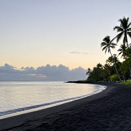 Caribbean Holidays, Dominica in October, A peaceful Dominica coastline at sunset with dark volcanic sand, calm Caribbean water and palm trees