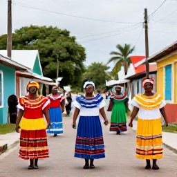 Caribbean Holidays, Dominica in October, Colourful Dominican cultural celebration in a village street, local people in traditional dress, Caribbean atmosphere, natural daylight