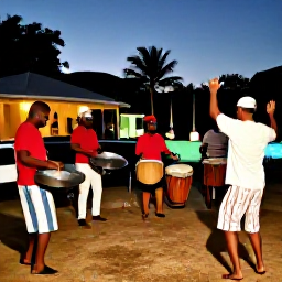 Caribbean Holidays, Dominica in October, Dominica cultural music performance at dusk, steelpan and drums, dancing locals, warm Caribbean evening light