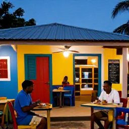 Caribbean Holidays, Dominica in October, Friendly Dominica village restaurant serving Creole food to a solo traveller, with colourful local details and evening lights