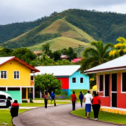 Caribbean Holidays, Dominica in October, Friendly Dominica village scene with local food, colourful houses, tropical hills and residents welcoming visitors during an October holiday
