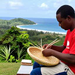 Caribbean Holidays, Dominica in October, Kalinago Territory on Dominica, with a local craftsperson weaving baskets and a lush green coastal landscape