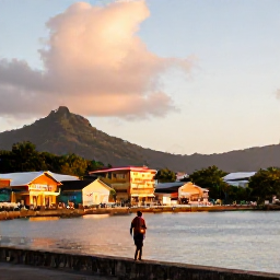 Caribbean Holidays, Dominica in October, Roseau waterfront in Dominica at sunset, with colourful buildings, tropical hills and a solo traveller exploring the town