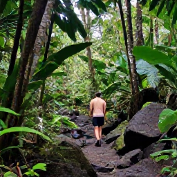 Caribbean Holidays, Dominica in October, Solo hiker on a rainforest trail to a waterfall in Dominica, with rich vegetation, volcanic rocks and soft October light
