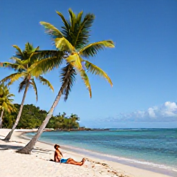 Caribbean Holidays, Dominica in October, Warm Caribbean beach on Dominica in October, with palm trees, calm turquoise water and a solo traveller relaxing near the shore