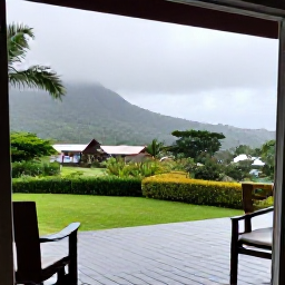 Caribbean Holidays, Dominica in September, Comfortable small hotel terrace overlooking tropical Dominica landscape after a light rain shower