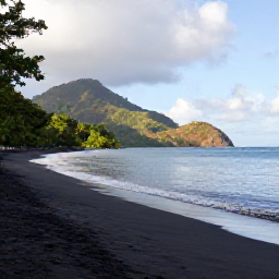 Caribbean Holidays, Dominica in September, Quiet black-sand beach and calm Caribbean sea on Dominica with tropical hills in the background