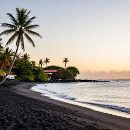 Caribbean Holidays, Dominica Instagram Hotspots, Black volcanic beach on Dominica's west coast with palm trees, calm sea and golden evening light