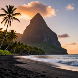 Caribbean Holidays, Dominica Instagram Hotspots, Dramatic black sand beach on Dominica at sunset, with palms, volcanic cliffs and gentle Caribbean waves