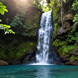 Caribbean Holidays, Dominica Instagram Hotspots, Emerald rainforest waterfall in Dominica, soft June sunlight, lush tropical foliage, natural swimming pool, travel photography