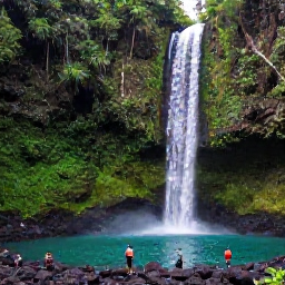Caribbean Holidays, Dominica Instagram Hotspots, Lush tropical waterfall in Dominica, with turquoise pool, dark volcanic rocks and visitors admiring the scenery in October