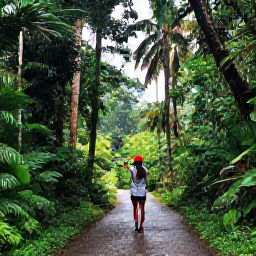 Caribbean Holidays, Dominica Instagram Hotspots, Traveller taking a respectful photograph in Dominica's tropical rainforest during July, with rain-softened green scenery