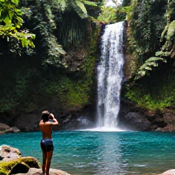 Caribbean Holidays, Dominica Instagram Hotspots, Tropical waterfall in Dominica with a clear pool, lush foliage and a visitor taking photographs