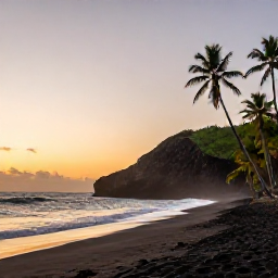 Caribbean Holidays, Dominica Instagram Spots, A dramatic black-sand beach at sunset with palm trees, volcanic cliffs and calm Caribbean waves in Dominica