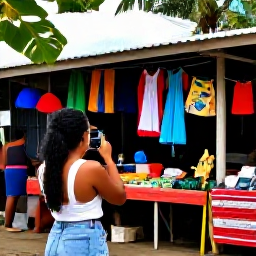 Caribbean Holidays, Dominica Instagram Spots, A relaxed traveller taking a respectful photograph beside a colourful local market in Dominica