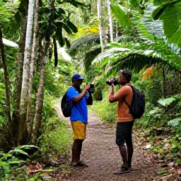 Caribbean Holidays, Dominica Instagram Spots, A respectful travel photographer taking pictures along a lush Dominica rainforest trail with a local guide