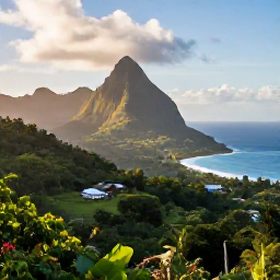 Caribbean Holidays, Dominica Instagram Spots, A sweeping tropical view of Dominica's lush mountains, rainforest and Caribbean coastline in soft morning light