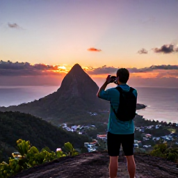 Caribbean Holidays, Dominica Instagram Spots, A traveller photographing a colourful Caribbean sunrise from Morne Bruce viewpoint above Roseau, Dominica