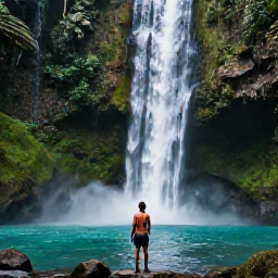 Caribbean Holidays, Dominica Instagram Spots, A traveller standing beside the turquoise pool and misty cascade of Trafalgar Falls surrounded by dense Dominica rainforest