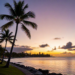 Caribbean Holidays, Dominica Instagram Spots, Colourful December sunrise over Roseau waterfront in Dominica, with palm trees, calm Caribbean water and soft golden light