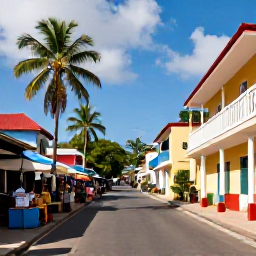 Caribbean Holidays, Dominica Instagram Spots, Colourful street scene in Roseau, Dominica, with historic buildings, local market stalls and palm trees under bright Caribbean sunshine