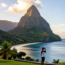 Caribbean Holidays, Dominica Instagram Spots, Dramatic tropical coastline in Dominica at sunrise, with lush green mountains, calm blue sea and a traveller taking photographs