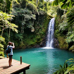 Caribbean Holidays, Dominica Instagram Spots, Emerald Pool in Dominica surrounded by dense rainforest, small waterfall, wooden viewing platform, visitor taking a photograph, bright April morning