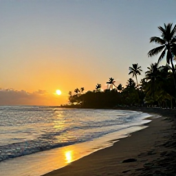 Caribbean Holidays, Dominica Instagram Spots, Golden sunset over Mero Beach in Dominica, with dark volcanic sand, gentle waves and silhouettes of palm trees