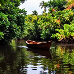 Caribbean Holidays, Dominica Instagram Spots, Indian River in Dominica with a wooden boat moving through quiet mangroves, dense tropical foliage and reflections on dark water