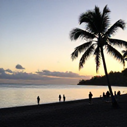 Caribbean Holidays, Dominica Instagram Spots, Mero Beach Dominica at sunset, black volcanic sand, calm Caribbean Sea, palm trees and silhouetted people, warm evening light