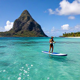 Caribbean Holidays, Dominica Instagram Spots, Paddleboarder or swimmer in the turquoise Champagne Reef waters of Dominica, with bubbles rising from volcanic seabed and tropical coastline in the background