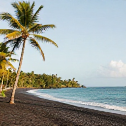 Caribbean Holidays, Dominica Instagram Spots, Palm-lined Mero Beach in Dominica with black volcanic sand, turquoise Caribbean sea and a relaxed December afternoon atmosphere