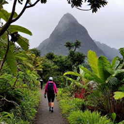 Caribbean Holidays, Dominica Instagram Spots, Photograph of the Boiling Lake trail in Dominica, showing hikers on a rainforest path with misty volcanic mountains in the distance