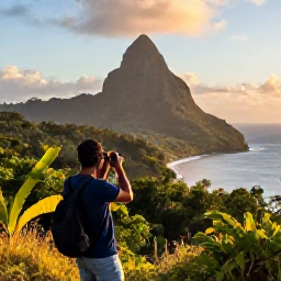 Caribbean Holidays, Dominica Instagram Spots, Photographer overlooking lush rainforest and the Caribbean Sea at golden hour in Dominica