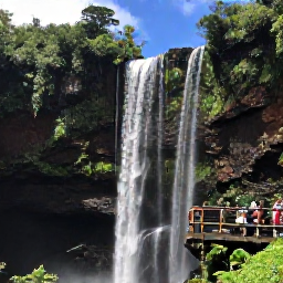 Caribbean Holidays, Dominica Instagram Spots, Trafalgar Falls Dominica, twin waterfalls plunging over dark volcanic rock into rainforest, visitors viewing from a lookout, clear tropical weather