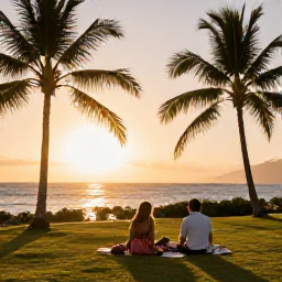 Caribbean Holidays, Dominica January Holidays, A couple relaxing at a peaceful Dominica resort at sunset in January, with palm trees, warm light and the Caribbean Sea in the background
