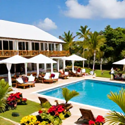 Caribbean Holidays, Dominica January Holidays, A welcoming all-inclusive resort in Dominica, showing an outdoor restaurant, swimming pool, tropical gardens and guests enjoying a relaxed January holiday