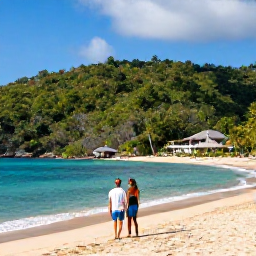 Caribbean Holidays, Dominica January Holidays, Couple enjoying a peaceful January beach holiday in Dominica, with rainforest-covered hills, turquoise sea and a comfortable boutique hotel nearby