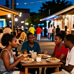 Caribbean Holidays, Dominica January Holidays, Friendly travellers enjoying a relaxed evening in Roseau, Dominica, with local food and warm Caribbean street atmosphere