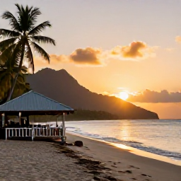 Caribbean Holidays, Dominica January Holidays, Golden sunset over a quiet Dominica beach with a small local restaurant, palm trees and mountains in the distance