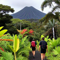 Caribbean Holidays, Dominica January Holidays, Hikers walking through Dominica rainforest towards a waterfall, with tropical plants, volcanic landscape and soft January sunlight