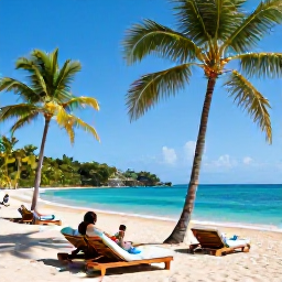 Caribbean Holidays, Dominica January Holidays, Relaxed beachfront resort in Dominica with palm trees, sun loungers, turquoise water and guests enjoying an all-inclusive holiday